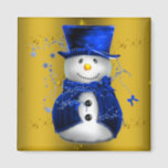 Blue Snowman on Gold Christmas Magnet<br><div class="desc">A cute and colorful Christmas pattern featuring snowmen dressed in blue velvet top hat and vests,  on a festive golden background with gold stars to add a stylish and whimsical touch to your Christmas home decorations this year.</div>