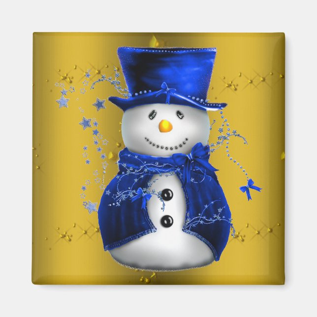 Blue Snowman on Gold Christmas Magnet (Front)