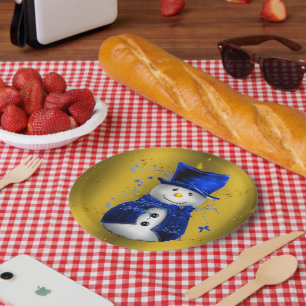 Blue Snowman on Gold Christmas Paper Plate