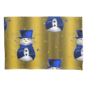 Blue Snowman on Gold Christmas Pillowcase