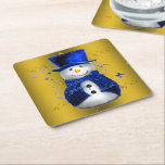 Blue Snowman on Gold Christmas Square Paper Coaster<br><div class="desc">A cute and colourful Christmas pattern featuring snowmen dressed in blue velvet top hat and vests,  on a festive golden background with gold stars to add a stylish and whimsical touch to your Christmas home decorations this year.</div>