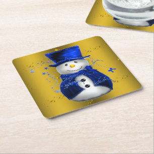Blue Snowman on Gold Christmas Square Paper Coaster