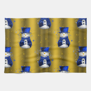 Blue Snowman on Gold Christmas Tea Towel