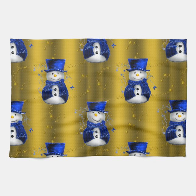 Blue Snowman on Gold Christmas Tea Towel (Horizontal)