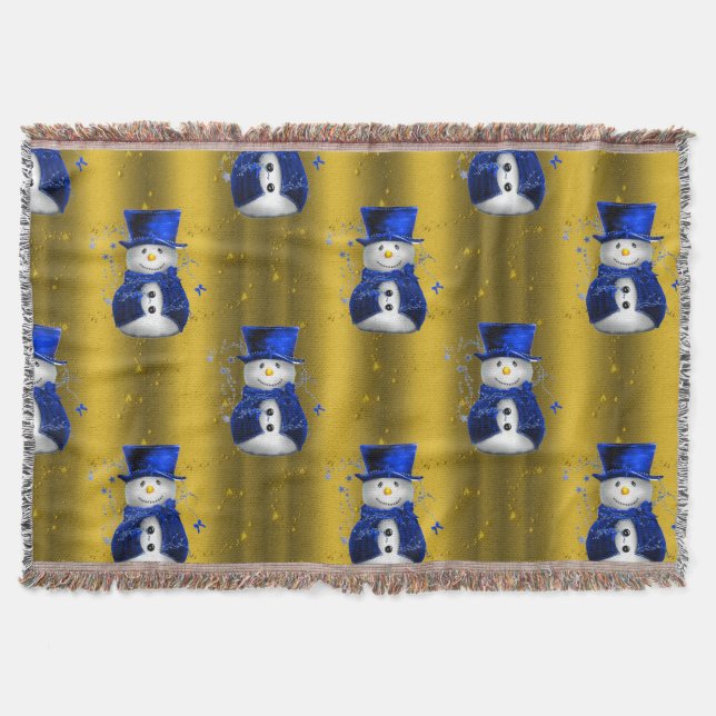 Blue Snowman on Gold Christmas Throw Blanket (Front)