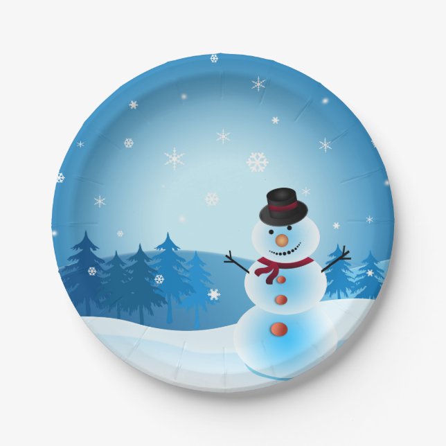 Blue Snowman Paper Plate (Front)
