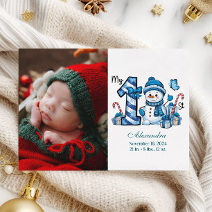 Blue Snowman Photo First Christmas Holiday Card