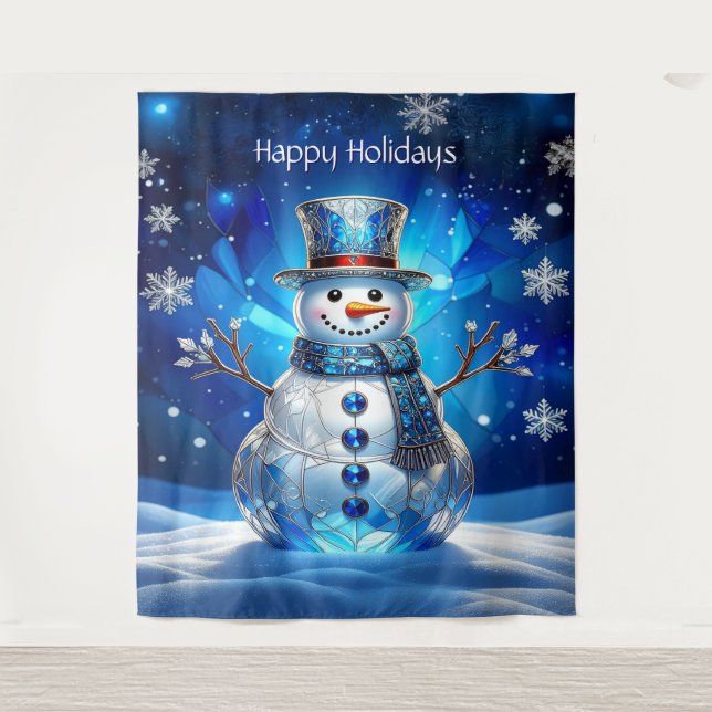 Blue Snowman Snowflakes Holiday Backdrop Tapestry (Front)