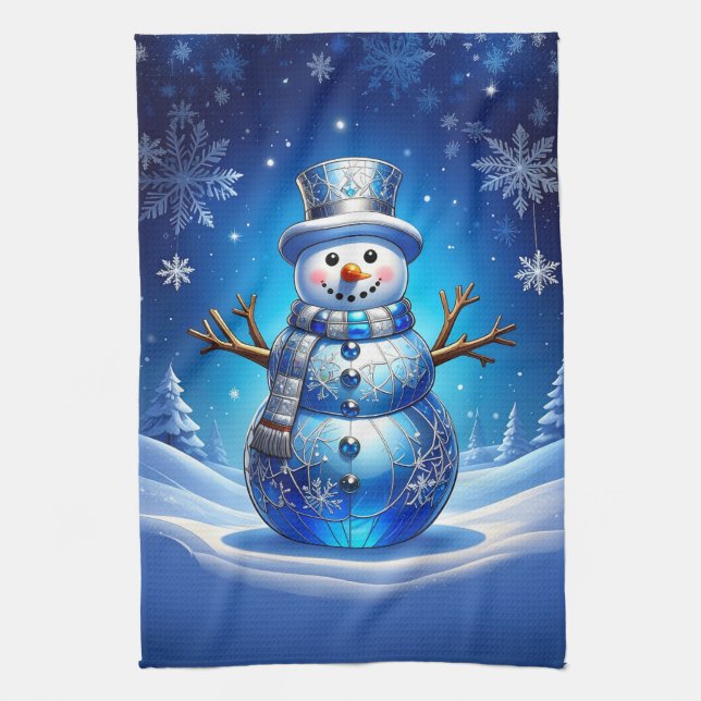 Blue Snowman Snowflakes Holiday Kitchen Towel (Vertical)
