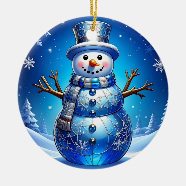 Blue Snowman Snowflakes Holiday Ornament (Front)