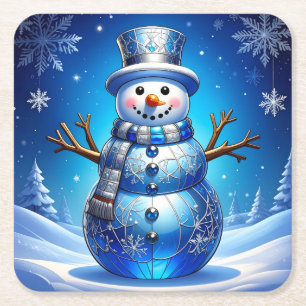 Blue Snowman Snowflakes Holiday Paper Coaster