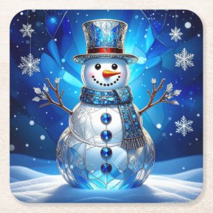 Blue Snowman Snowflakes Holiday Paper Coaster
