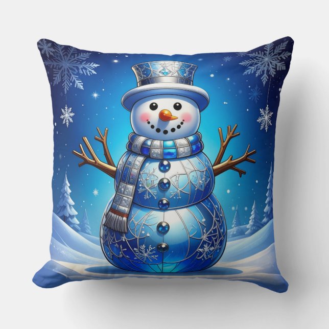 Blue Snowman Snowflakes Throw Pillow (Front)