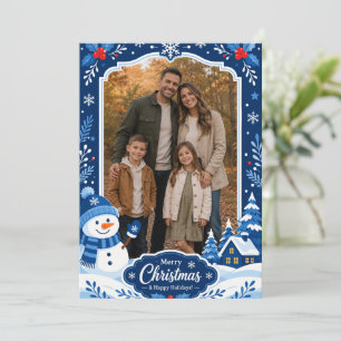 Blue Snowman Winter Holiday Picture Greeting Card