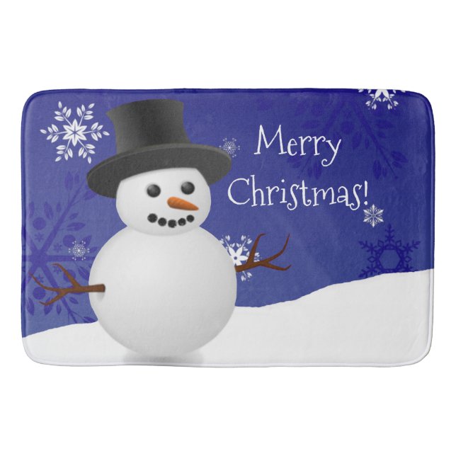 Blue Snowman Winter Scene Christmas Bath Mat (Front)