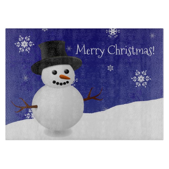 Blue Snowman Winter Scene Christmas Cutting Board (Front)