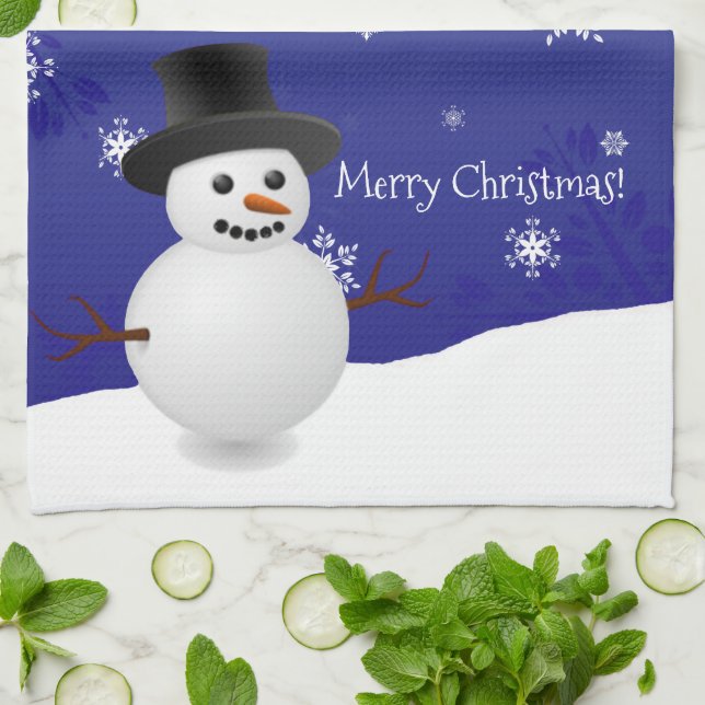 Blue Snowman Winter Scene Christmas Kitchen Towel (Folded)