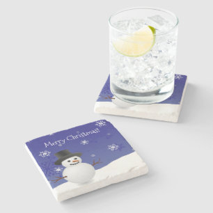 Blue Snowman Winter Scene Christmas Stone Coaster