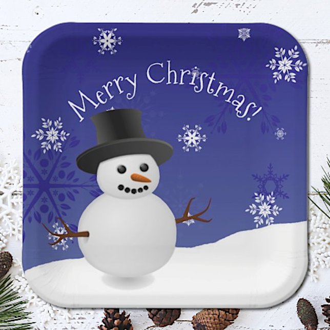 Blue Snowman Winter Scenery Christmas Paper Plate (Blue Snowman Winter Scenery Christmas Paper Plates)