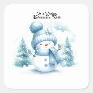 Blue Snowman Wintery Marshmallow World Square Sticker