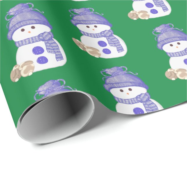 Blue Snowman with Brown & White Bunnies Wrapping Paper (Roll Corner)