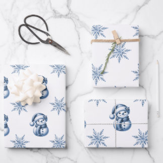 Blue Snowmen Christmas Wrapping Paper Sheet
