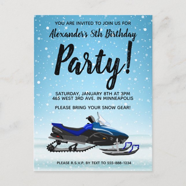 Blue Snowmobile Winter Birthday Party Postcard (Front)