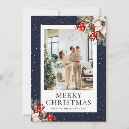 Blue Snowy Botanical Photo Christmas Card