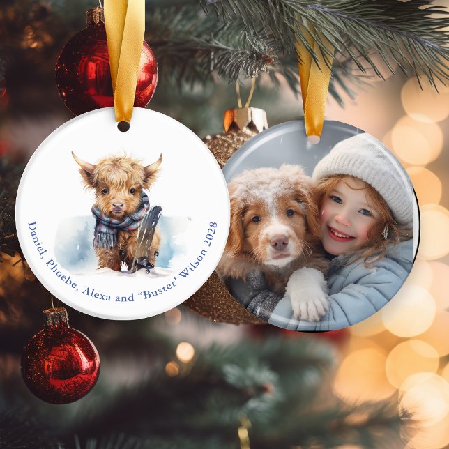 Blue Snowy Day Highland Cow Christmas Ornament (Creator Uploaded)