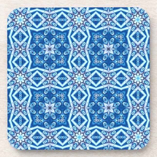 Blue snowy floral square tile pattern coaster (Front)