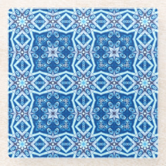 Blue snowy floral square tile pattern glass coaster