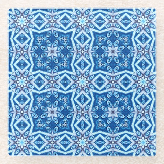 Blue snowy floral square tile pattern glass coaster (Front)