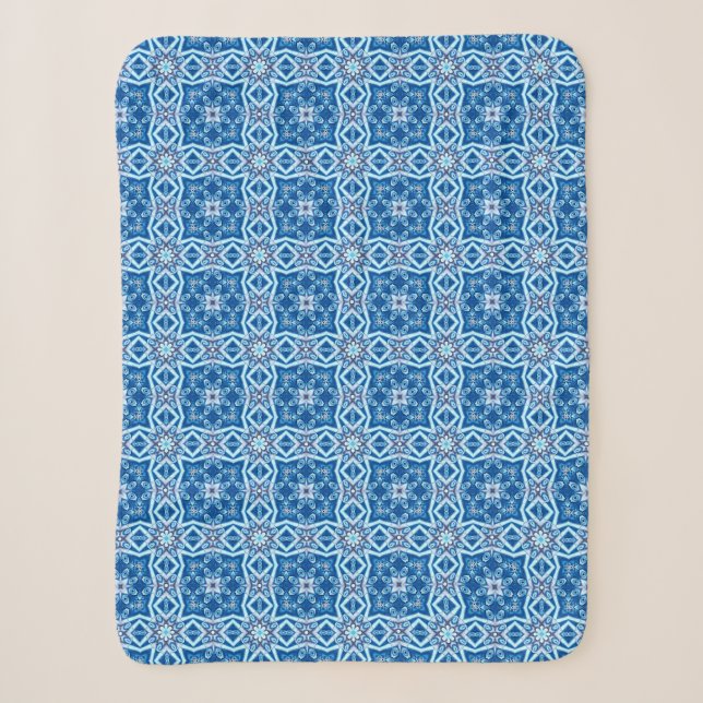 Blue snowy floral square tile pattern sherpa blanket (Front)