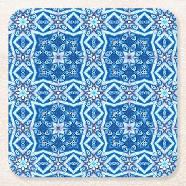 Blue snowy floral square tile pattern square paper coaster (Front)