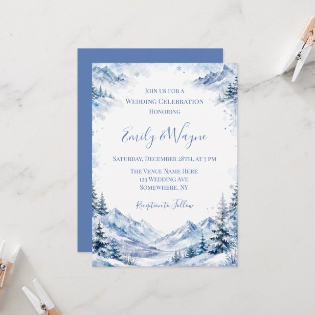 Blue Snowy Mountains Wedding Celebration Invitation (Front/Back In Situ)