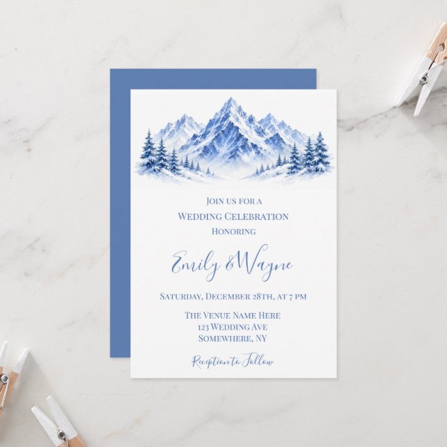 Blue Snowy Mountains Wedding Celebration Invitation (Front/Back In Situ)