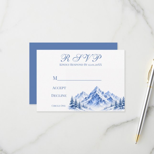 Blue Snowy Mountains Wedding RSVP Cards (Front/Back In Situ)