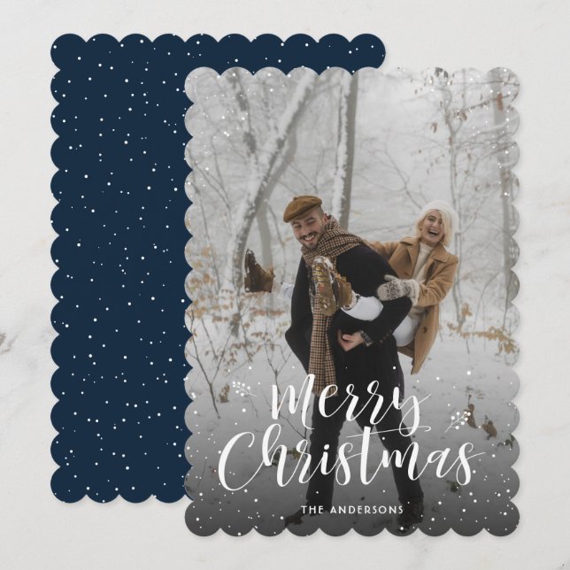 Blue Snowy Photo Merry Christmas Card (Front/Back)