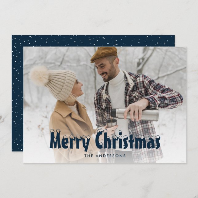 Blue Snowy Photo Merry Christmas Cards (Front/Back)