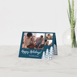 Blue Snowy Pine Tree 3-Photo Holiday Card