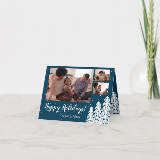 Blue Snowy Pine Tree 3-Photo Holiday Card (Front)