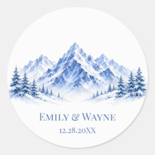 Blue Snowy Watercolor Mountains Wedding Classic Round Sticker