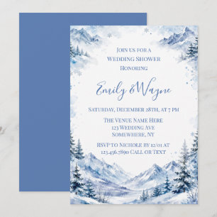 Blue Snowy Watercolor Mountains Wedding Shower Invitation