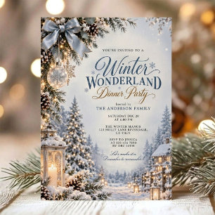 Blue Snowy Winter Wonderland Christmas Dinner Invitation