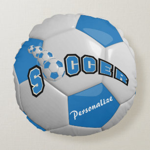 Blue Soccer Ball DIY Name Round Cushion