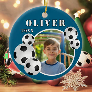 Blue Soccer Ball Football Sports Photo Ceramic Tree Decoration