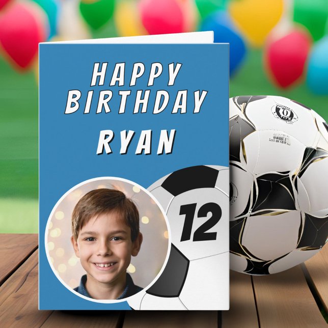 Blue Soccer Football Ball Photo Birthday Card (Creator Uploaded)