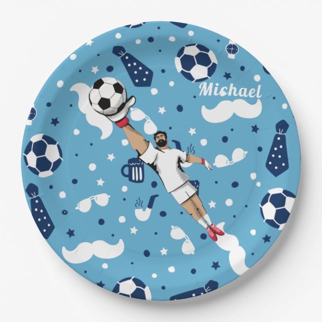 Blue Soccer Goalie Goalkeeper Player's Kid's Name  Paper Plate (Front)