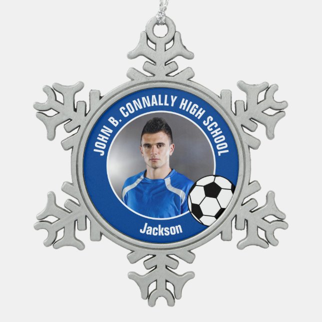 Blue Soccer Player Photo High School Spirit Snowflake Pewter Christmas Ornament (Front)