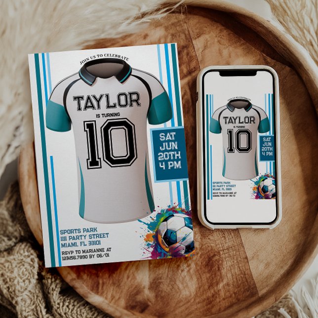  blue soccer Sports Boy Jersey Kids Birthday Party Invitation (Creator Uploaded)